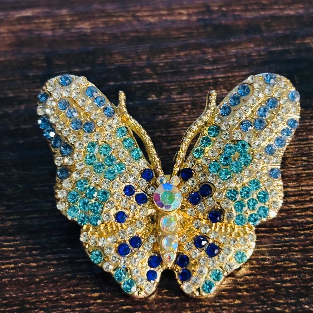 Gold Tone Blue Teal Rhinestone Butterfly Brooch Pin Statement Jewelry